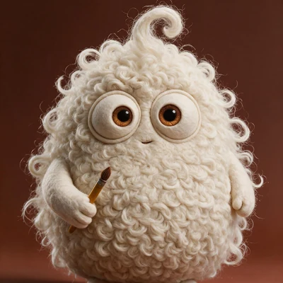 Creative Louli, a cream curly-fleeced handmade character with escaping curls and one sprung crown curl, holding a fine paintbrush.