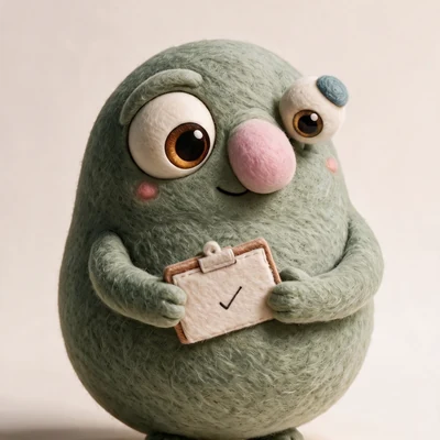 Operations Louli, a sage green handmade character whose small stalk eye is aimed down at the felt clipboard in its hands.