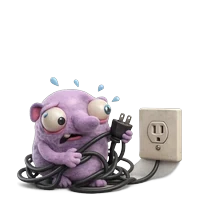 Performance Louli, a purple handmade character holding an unplugged cable beside an empty socket.