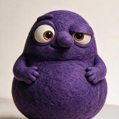 Performance Louli, a deep violet handmade character with one wide eye and one appraising half-closed eye, hands resting on its belly.