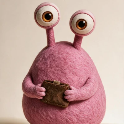 Planning Louli, a raspberry pink handmade character with two stalk eyes at slightly different heights, holding a small wallet.