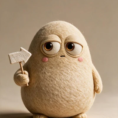 Strategy Louli, a warm sand handmade character with a calm divided gaze, holding a felt arrow sign.
