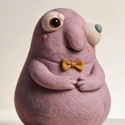 The Louli, a dusty mauve handmade character in a mustard bow tie, hands clasped, waiting patiently.