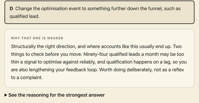 The reasoning in the running product after committing: the chosen option marked, a graded explanation headed why that one is weaker, and a link to the reasoning for the strongest answer.