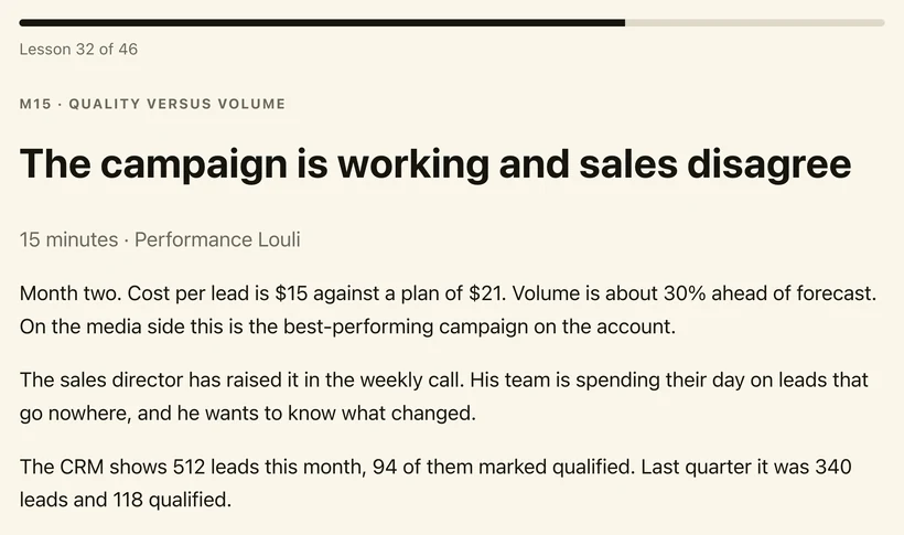 A lesson in the running product: the progress bar reading lesson 32 of 46, the module and title, and the full situation with its numbers, before any teaching is shown.